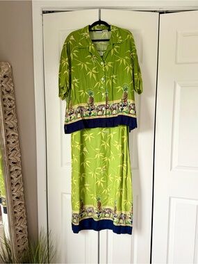 Weekend Clothes Line 100% Rayon Green Tropical Print Maxi Dress Set